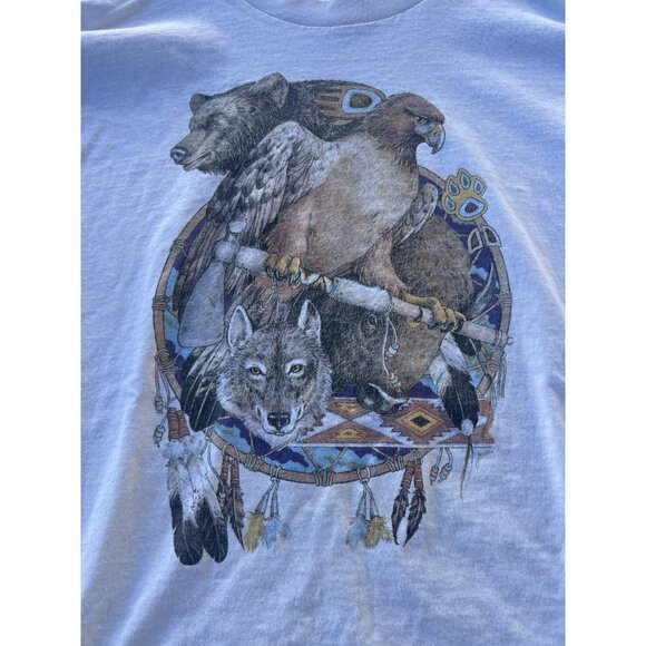 Vintage 90s Anvil single stitch white Native American Tribal Wolves tshirt L - Picture 3 of 10